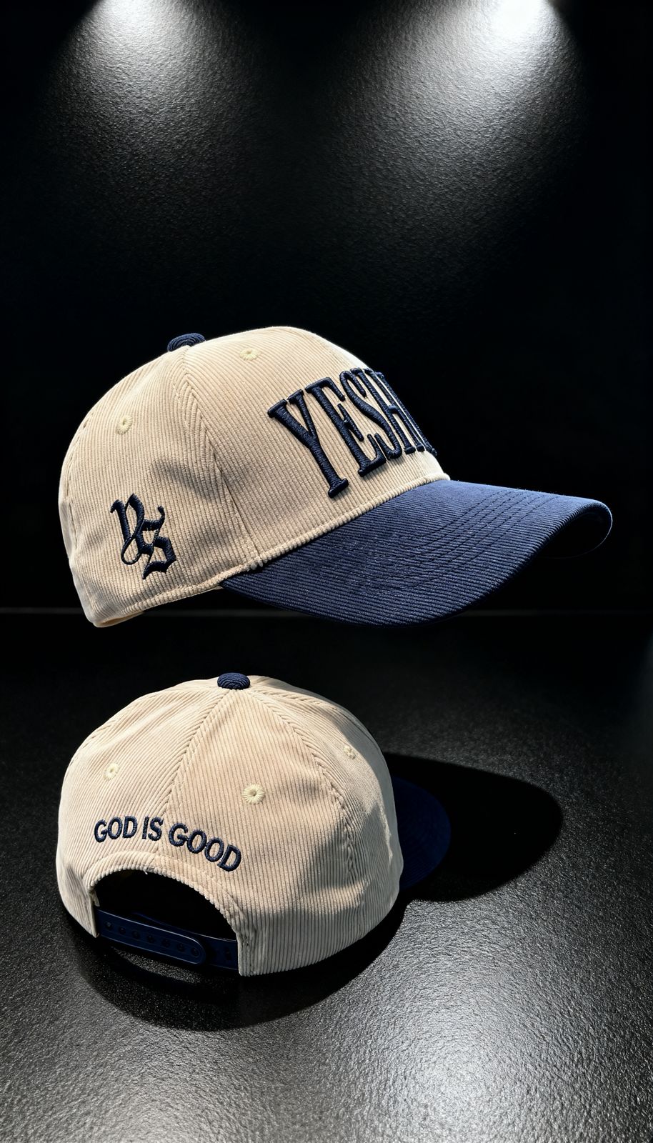 GORRA PREMIUN CURVA BEIGE YESHUA LETRA AZUL