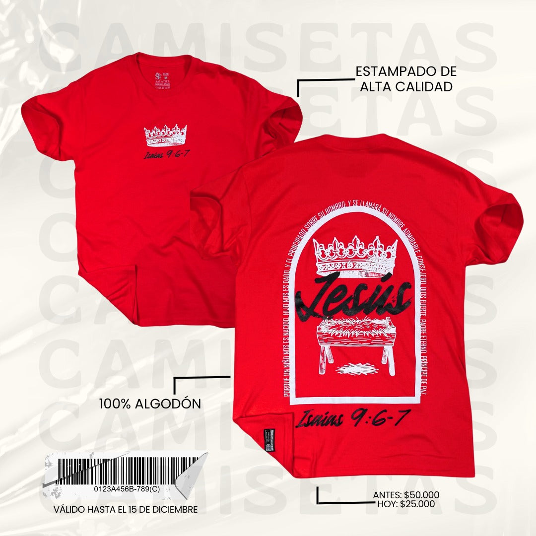 CAMISETA 100% ALGODÓN ROJA CORONA ISAIAS 9:6-7