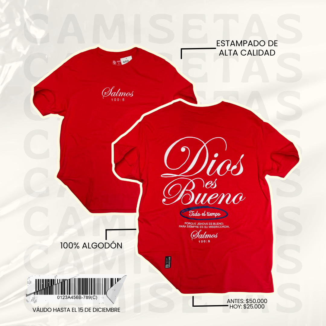CAMISETA 100% ALGODÓN ROJA DIOS ES BUENO