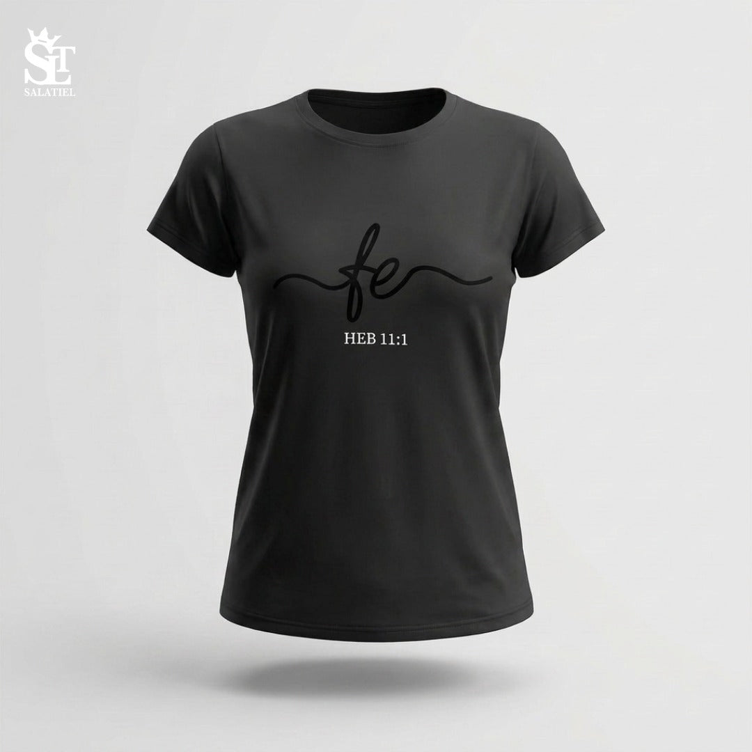 CAMISETA SLIM FIT DAMA NEGRA FE HEBREOS 11:11