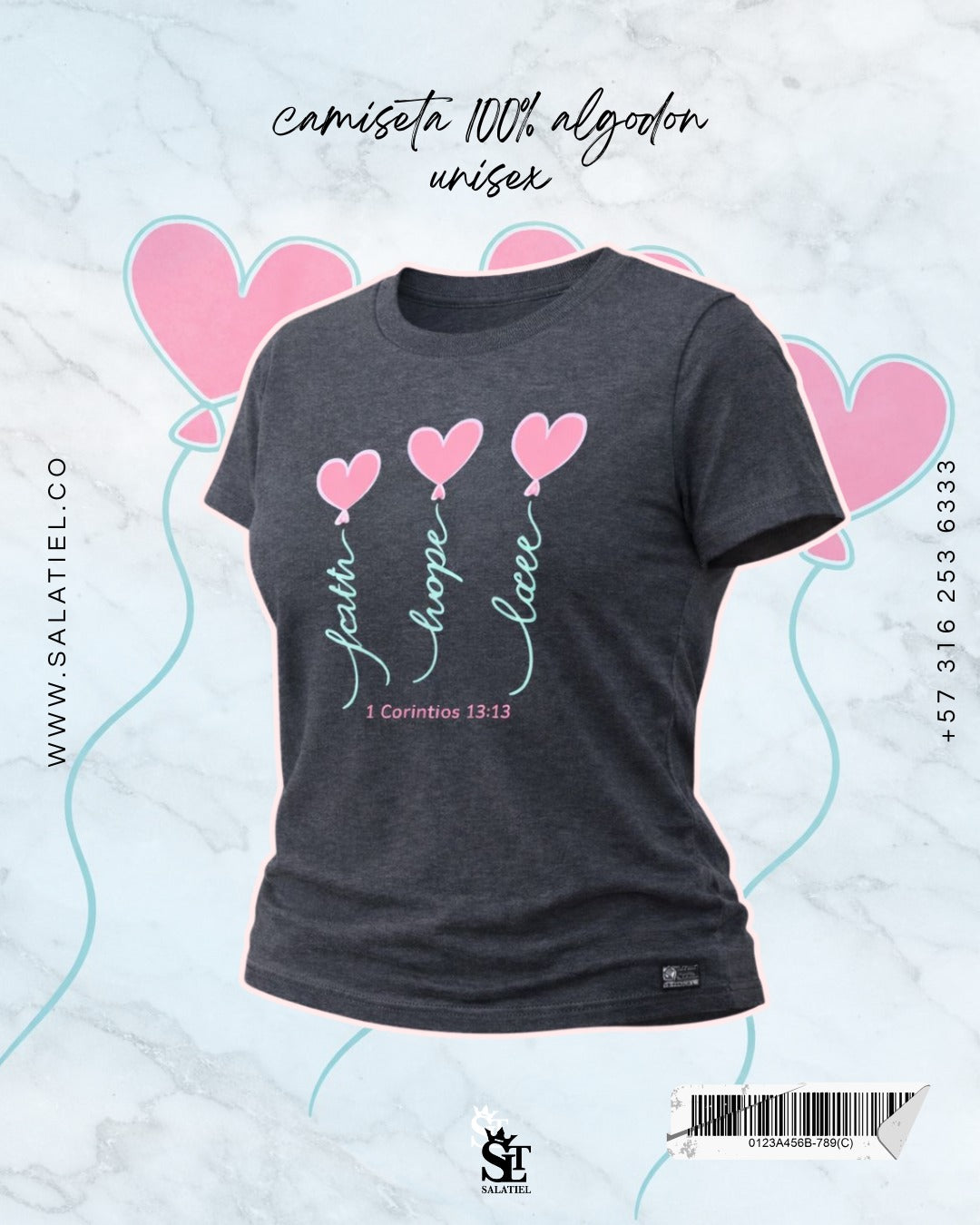 CAMISETA 100% ALGODÓN GRIS JASPE CORAZONES ROSA/AZUL