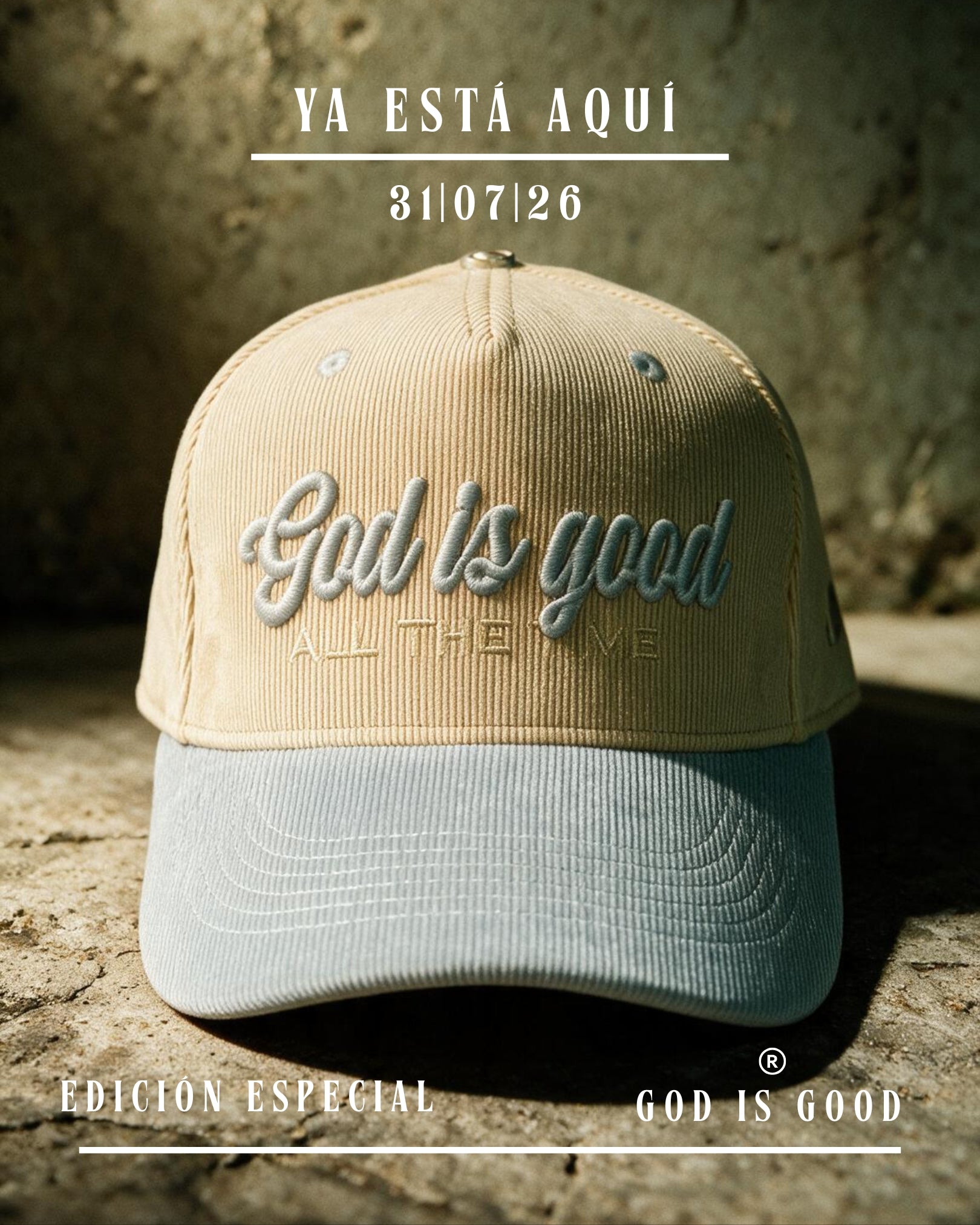 GORRA PREMIUM CURVA BEIGE - AZUL GOD IS GOOD