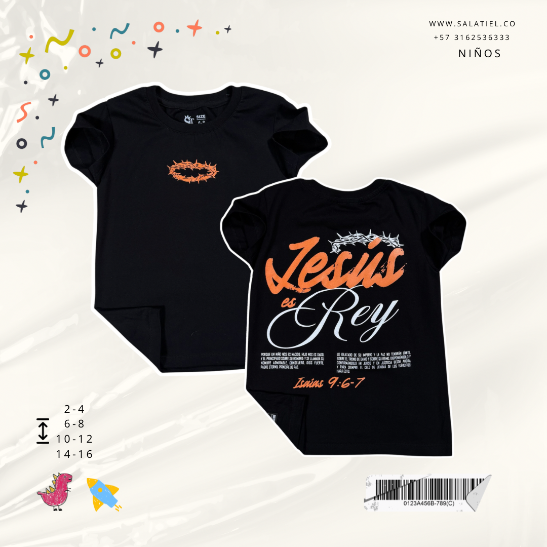 Camiseta 100% algodón niños Jesús rey negro