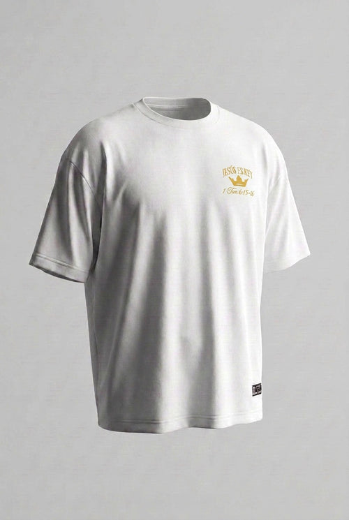 CAMISETA OVERSIZE BLANCA JESUS IS KING LETRA DORADO