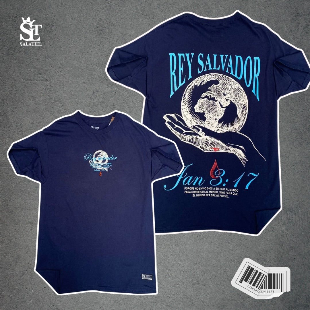 CAMISETA 100% ALGODÓN AZUL TURQUI REY SALVADOR LETRA AZUL