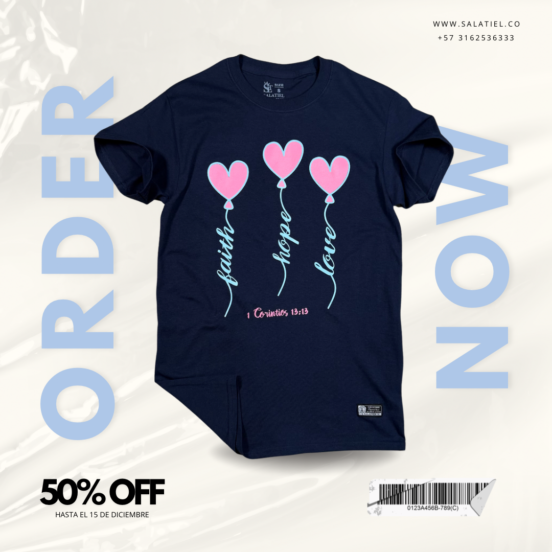 Camiseta 100% algodón azul fe esperanza amor