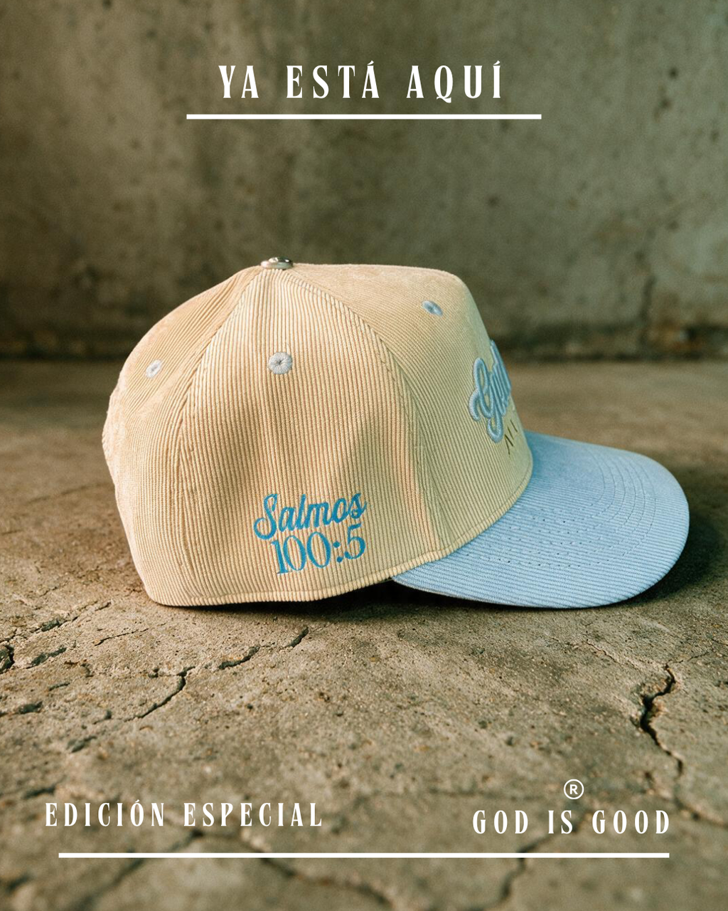 GORRA PREMIUM CURVA BEIGE - AZUL GOD IS GOOD